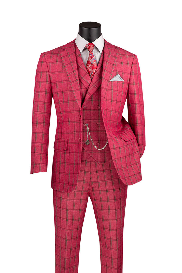Lazio Raspberry Windowpane Modern Suit 3 Piece