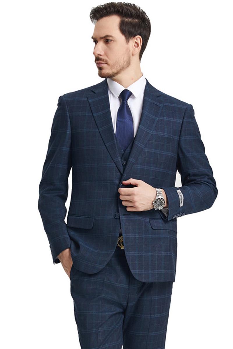 Modern Fit Windowpane Plaid Navy Suit by Stacy Adams