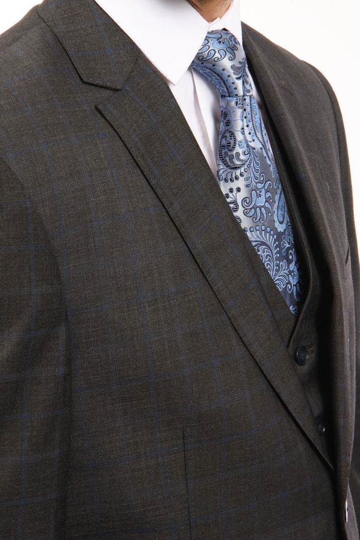 Modern Fit Windowpane 3 Piece Wool Suit in Dark Gray