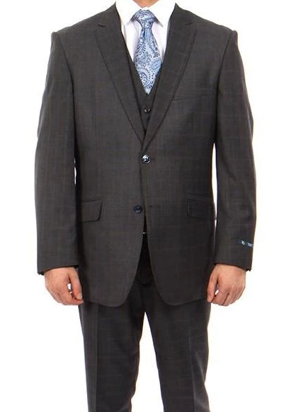 Modern Fit Windowpane 3 Piece Wool Suit in Dark Gray