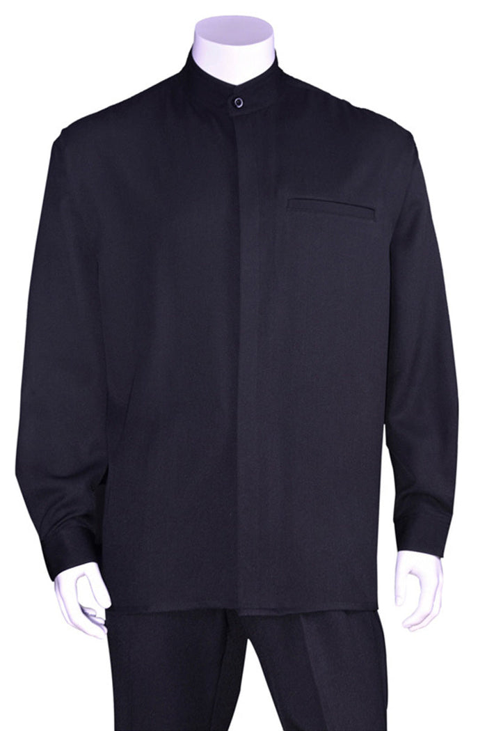 Mens Long Sleeve Mandarin Collar Casual Leisure Set in Black