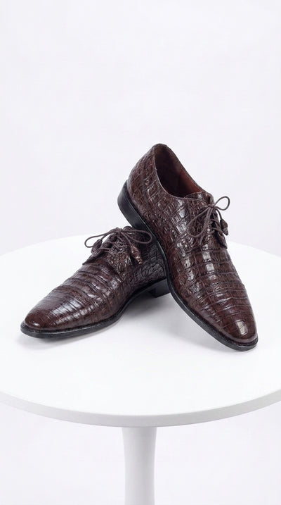 Los Altos Men’s Brown Genuine Caiman Oxford Shoes, Exotic Lace-Up Formal Dress Shoes