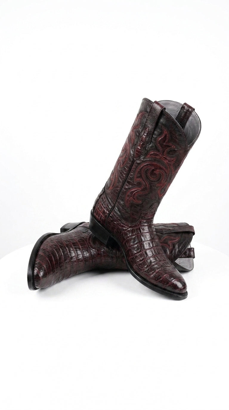 Los Altos Men’s Black Cherry Caiman Belly Boots, Round Toe Exotic Western Cowboy Dress Boots