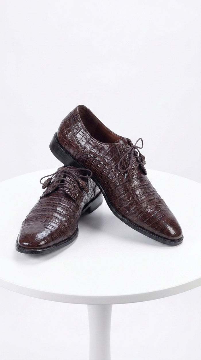 Los Altos Men’s Brown Genuine Caiman Oxford Shoes, Exotic Lace-Up Formal Dress Shoes