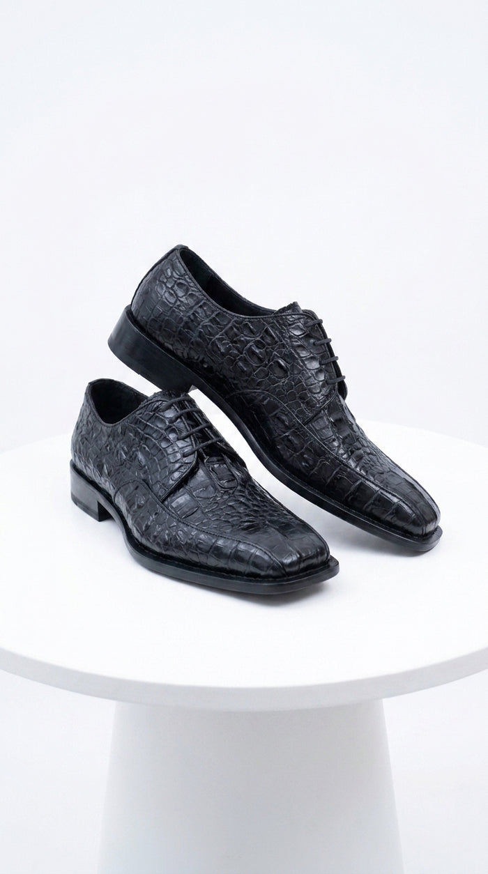 Los Altos Men’s Black Gator Belly Dress Shoes, Exotic Lace-Up Formal Shoes