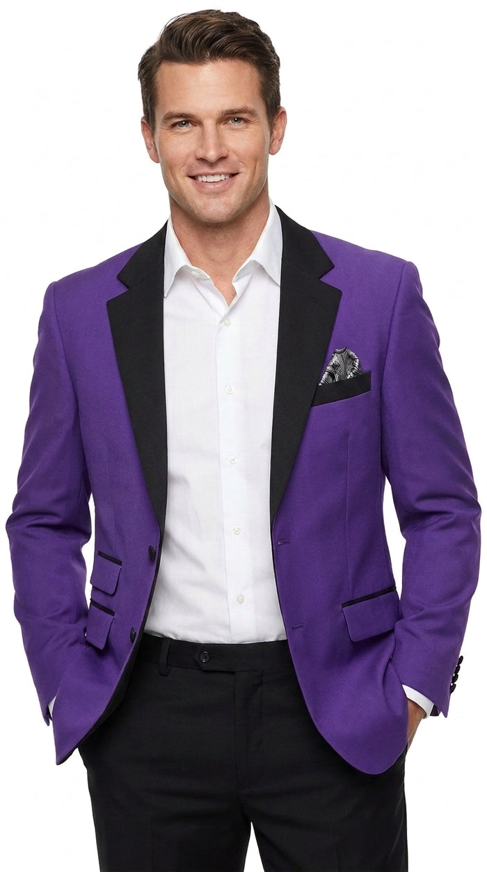 Men’s Purple Blazer with Black Lapel, Formal Dinner Jacket for Wedding Prom and Parties