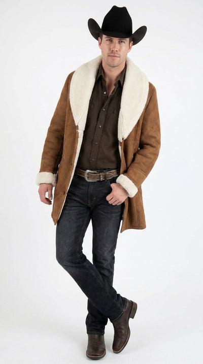 Men’s Long Brown Sheepskin Western Jacket, Cowboy Sherpa Style Ranch Coat