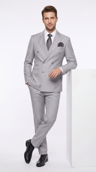 Rossi Man Men’s Silver Double Breasted Suit, Modern Fit Formal Wedding Prom Suit