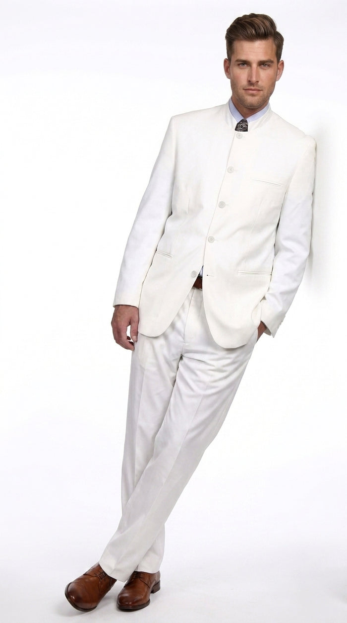 Men’s White 5 Button Mandarin Collar Suit, Designer Brand All White Formal Wedding Dress Suit