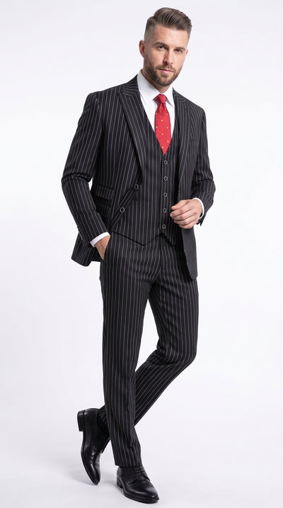 Men’s Black Pinstripe 1920s Gangster Suit, Vintage 3 Piece Formal Dress Suit