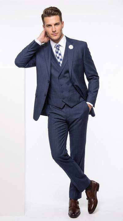 Vinci V2RW-13 Men’s Blue Square Plaid 3 Piece Suit, Harlem Nights 1920s Regular Fit Formal Suit