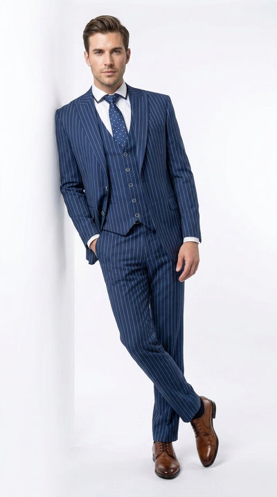 Men’s Navy Pinstripe 3-Piece Suit – 1920s Gangster, Gatsby Wedding and Formal Suit