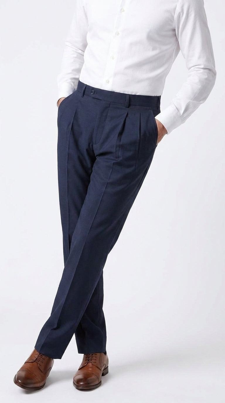 Men’s Navy Double Pleated Dress Pants, Formal Slacks for Business, Church and Special Events