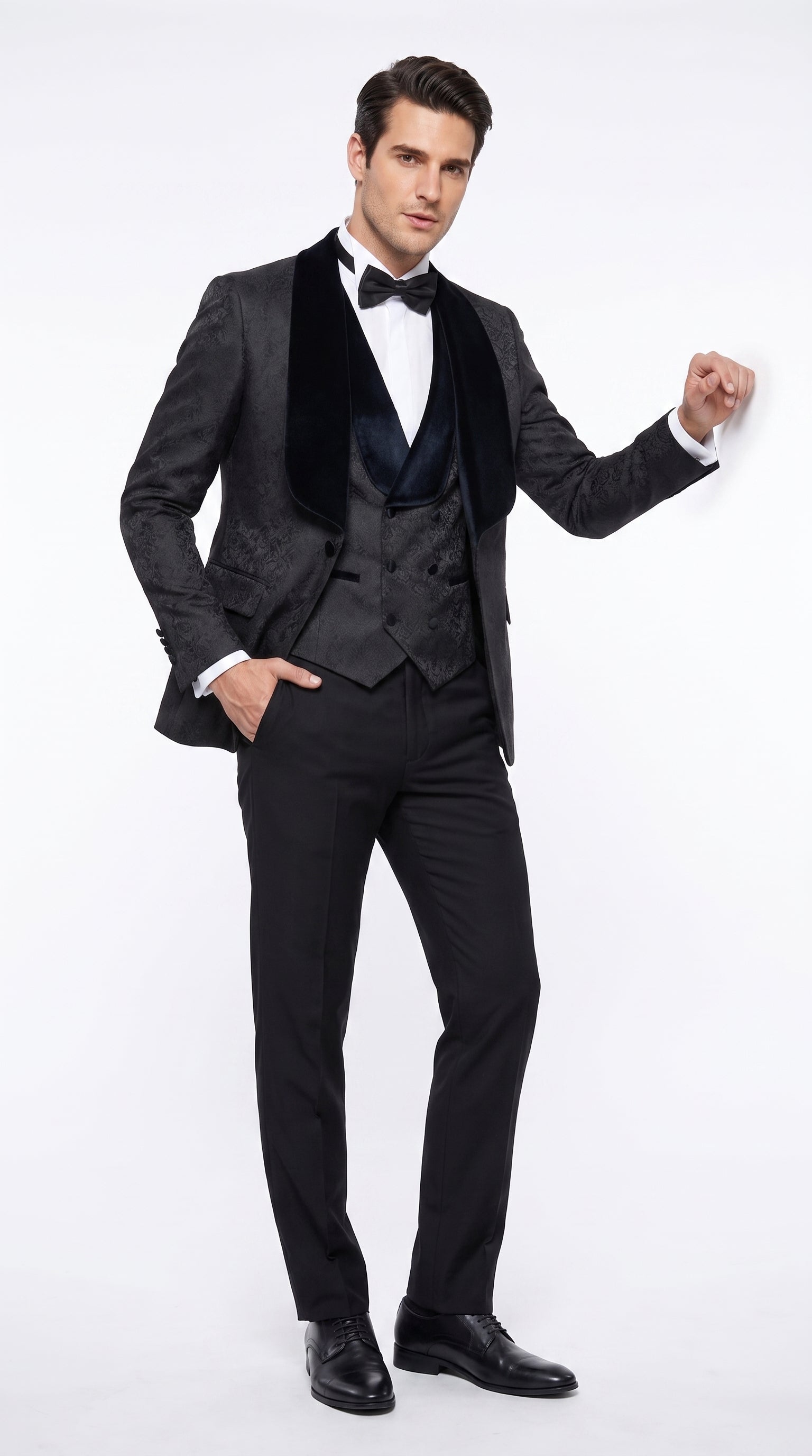 Men’s Black Designer 3-Piece Wedding Tuxedo – Wide Velvet Shawl Lapel Vested Formal Suit