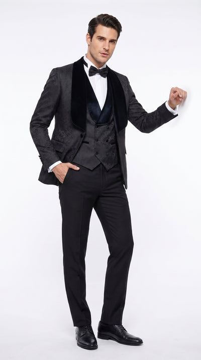 Men’s Black Designer 3-Piece Wedding Tuxedo – Wide Velvet Shawl Lapel Vested Formal Suit