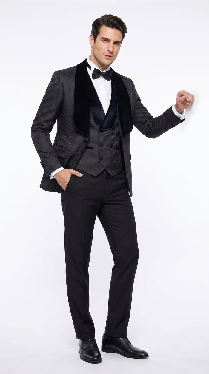 Men’s Black Designer 3-Piece Wedding Tuxedo – Wide Velvet Shawl Lapel Vested Formal Suit