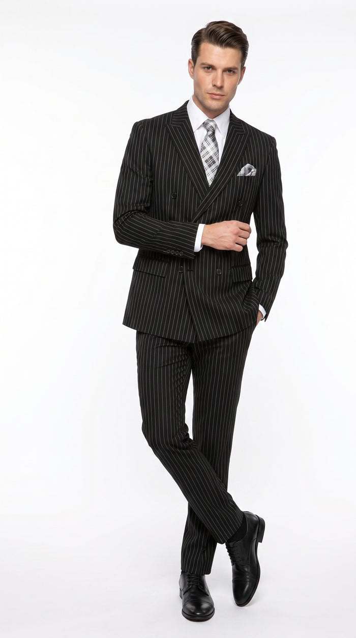 Men’s Black Bold Pinstripe Double-Breasted Wool Suit – Designer Gangster Wedding and Formal Suit