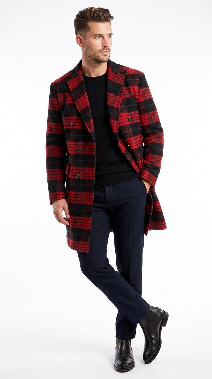 Men’s Red and Black Plaid Double-Breasted Overcoat – Wool-Blend Peacoat and Winter Topcoat