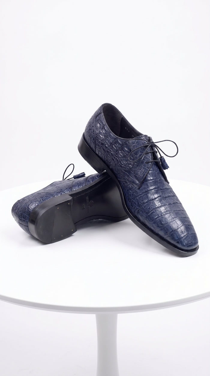 Men’s Navy Blue Full Gator Belly Dress Shoes, Exotic Lace-Up Formal Wedding Business Shoes