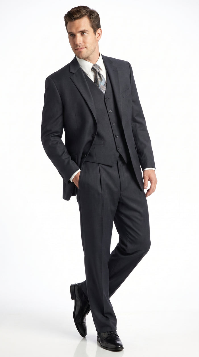 Men’s Charcoal 3 Piece Super 150s Italian Fabric Suit, 2 Button Classic Formal Dress Suit