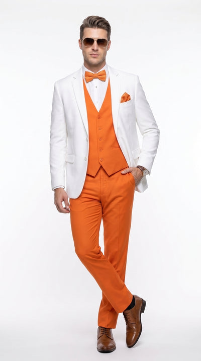 Men’s White and Orange Tuxedo Wedding Suit Set, Formal Prom Groom Dinner Suit