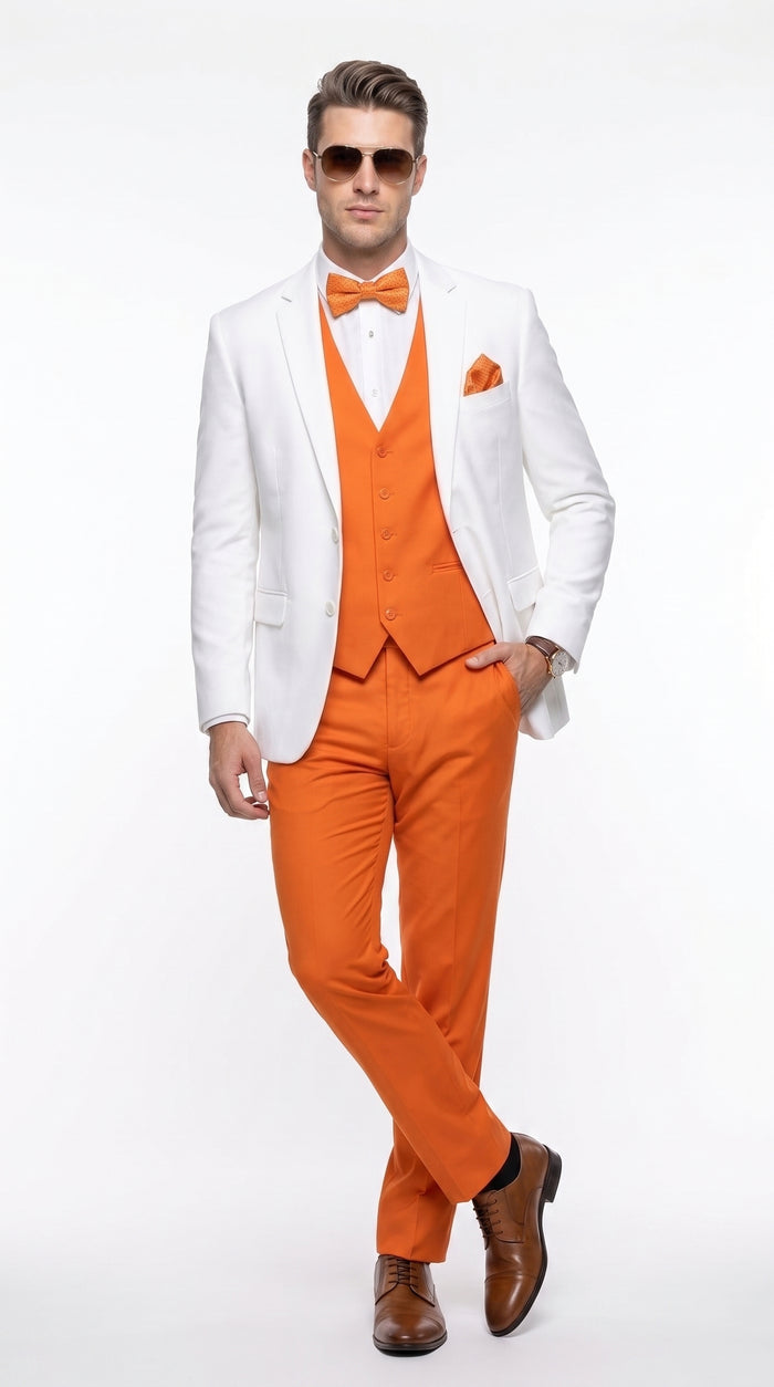Men’s White and Orange Tuxedo Wedding Suit Set, Formal Prom Groom Dinner Suit
