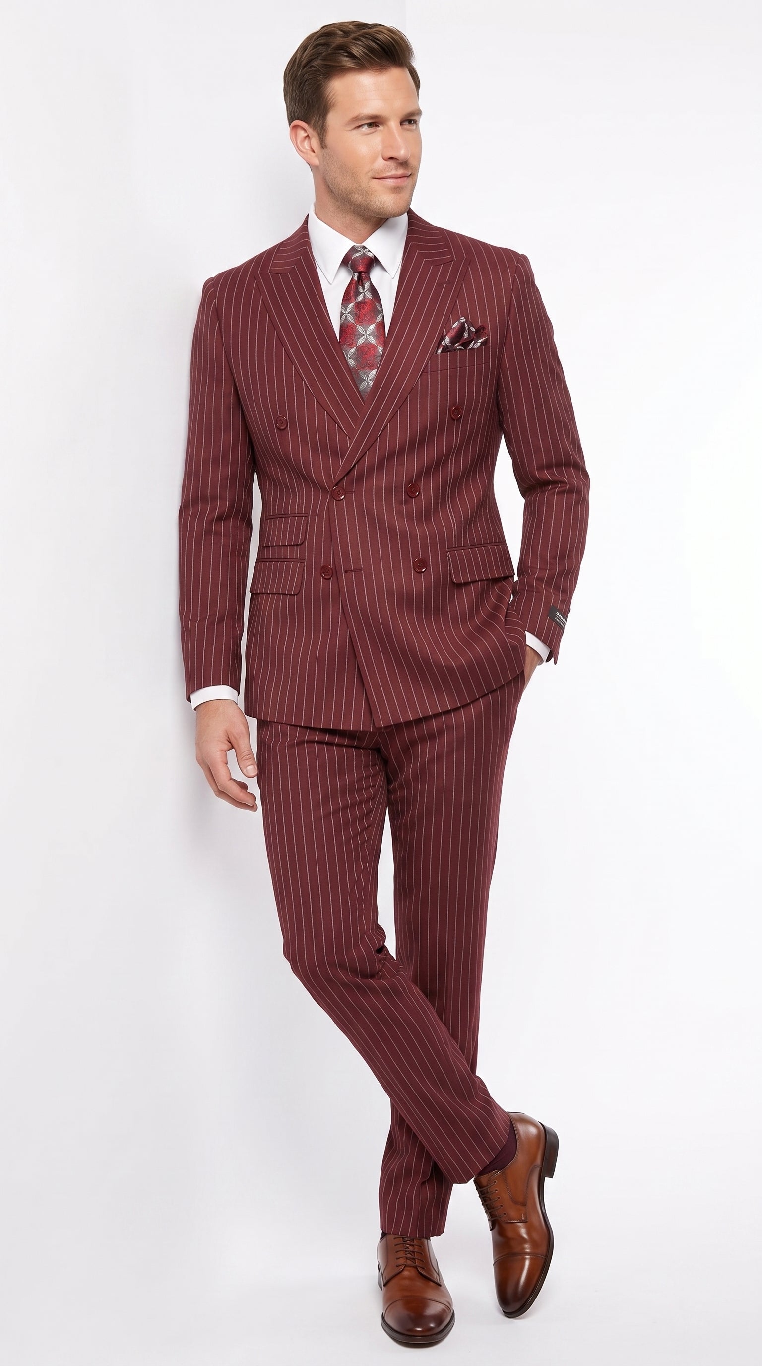 Men’s Maroon Pinstripe Double Breasted Suit, 6 Button Peak Lapel Formal Wedding Business Suit