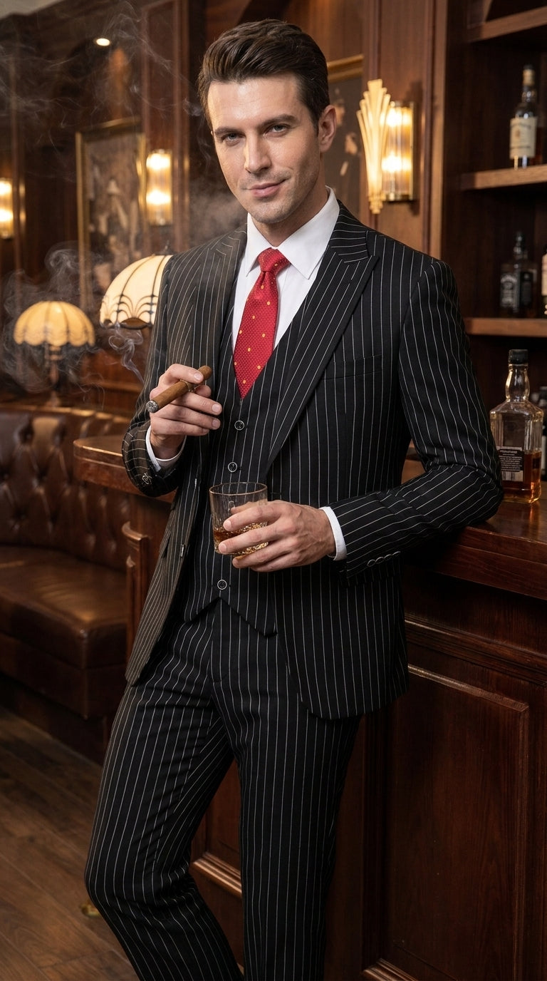 Men’s Black Pinstripe 1920s Gangster Suit with Vest, Formal Vintage Party Dress Suit