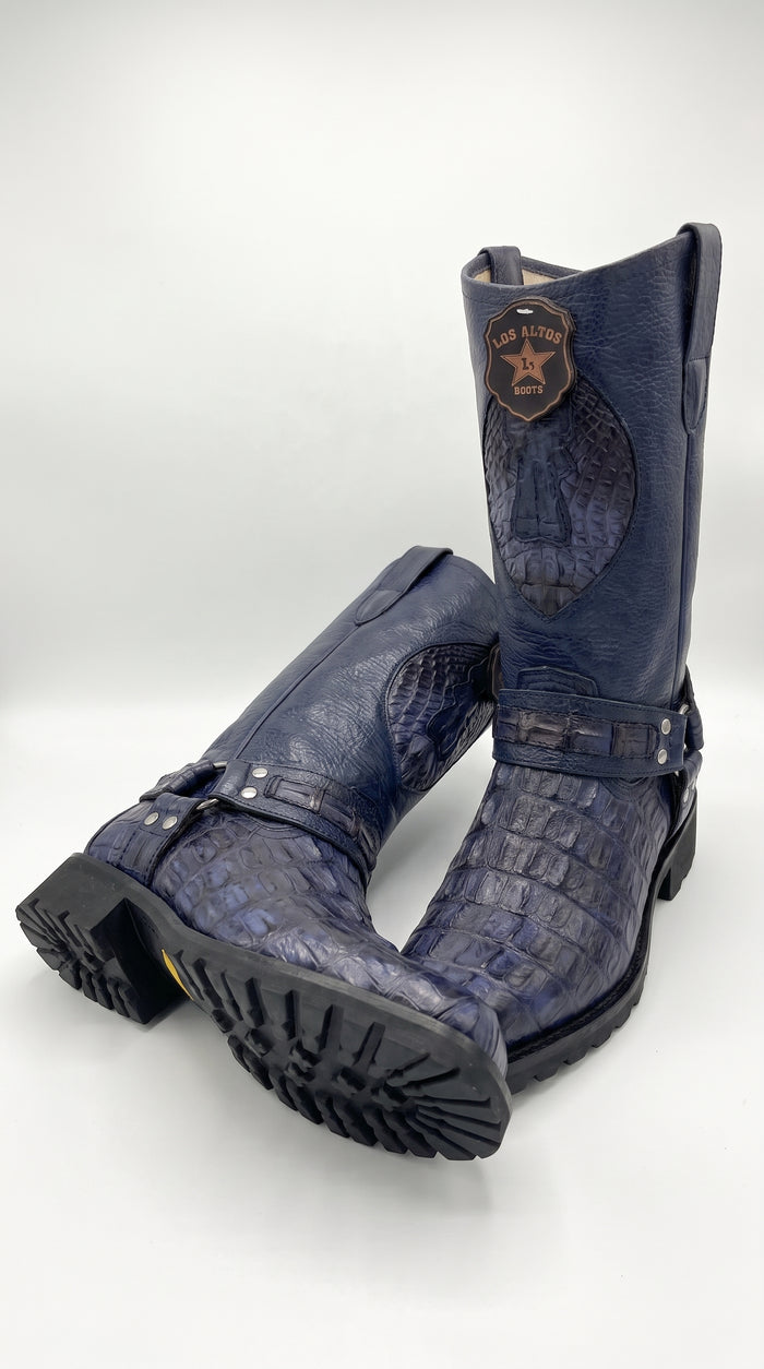 Men’s Los Altos Navy Blue Caiman Tail Skin Biker Boots – Exotic Leather Western Motorcycle Boots