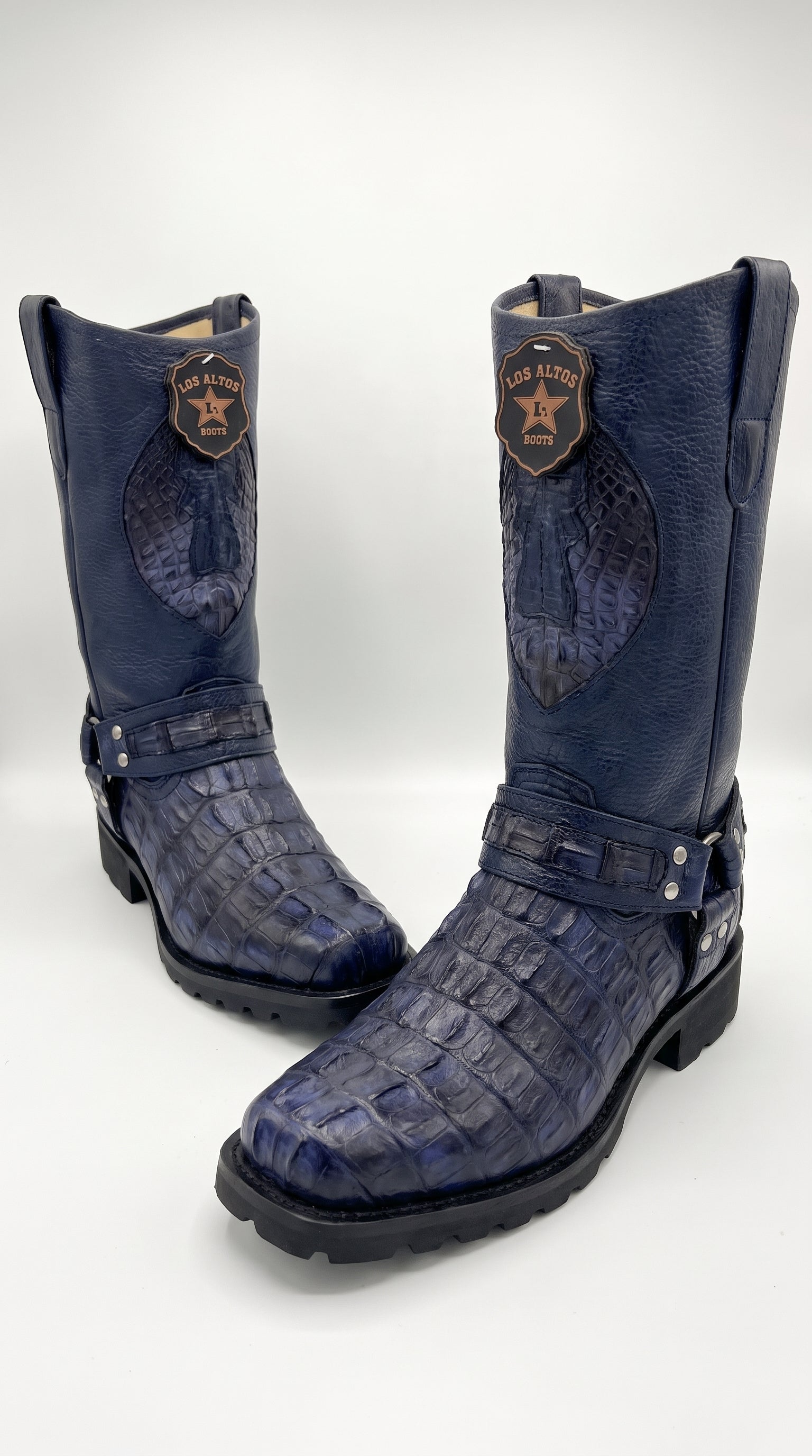 Men’s Los Altos Navy Blue Caiman Tail Skin Biker Boots – Exotic Leather Western Motorcycle Boots