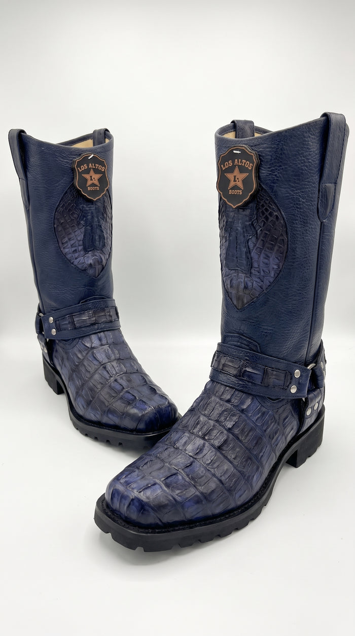 Men’s Los Altos Navy Blue Caiman Tail Skin Biker Boots – Exotic Leather Western Motorcycle Boots
