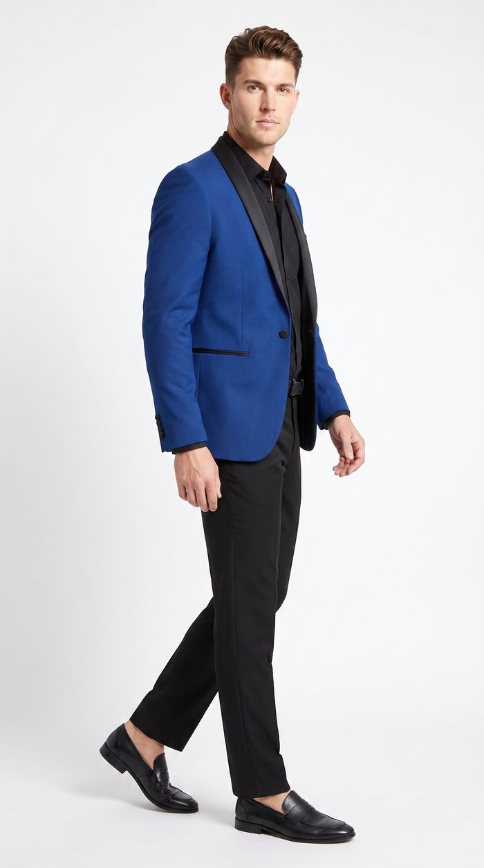 Men’s Blue 1 Button Blazer with Black Pants, Formal Prom Wedding Party Suit Set