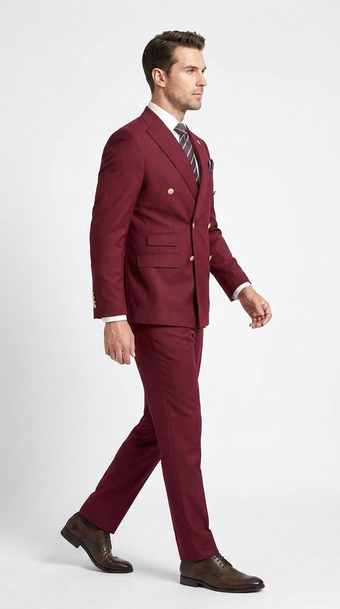 Men’s Burgundy Double Breasted Wool Suit with Gold Buttons, Modern Formal Wedding Business Suit