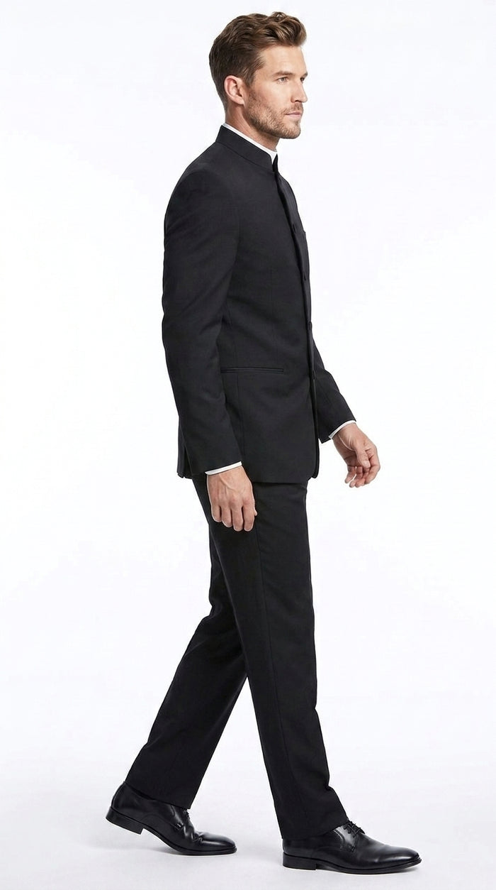 Men’s Black Mandarin Banded Collar Tuxedo, 5 Button Formal Wedding Prom Suit