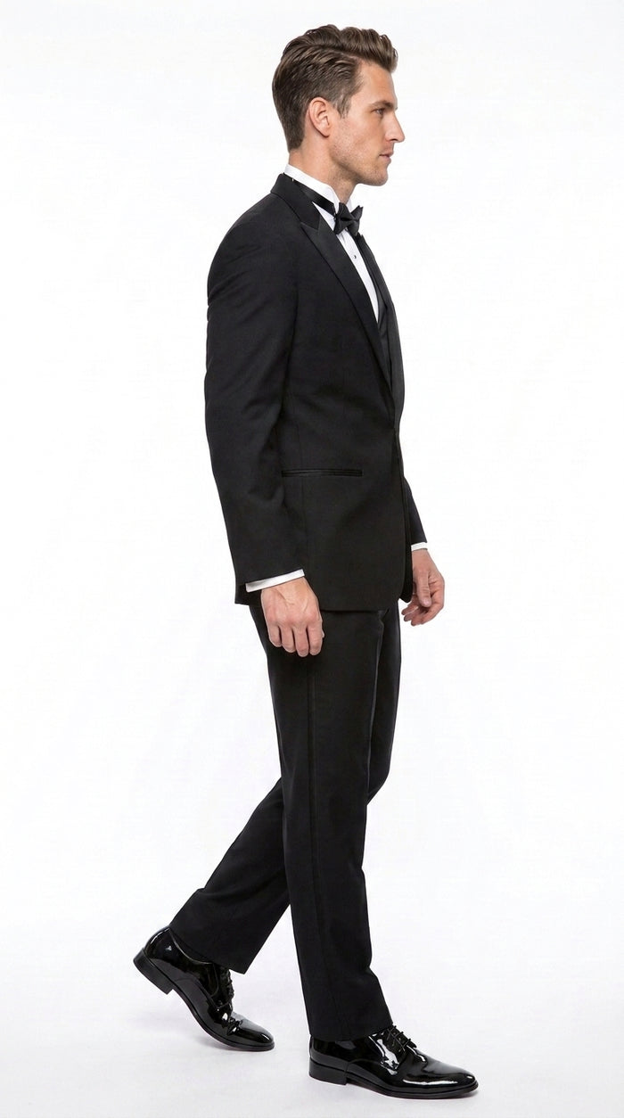 Men’s Black 1 Button Wide Satin Peak Lapel Tuxedo, Classic Formal Wedding Prom Suit