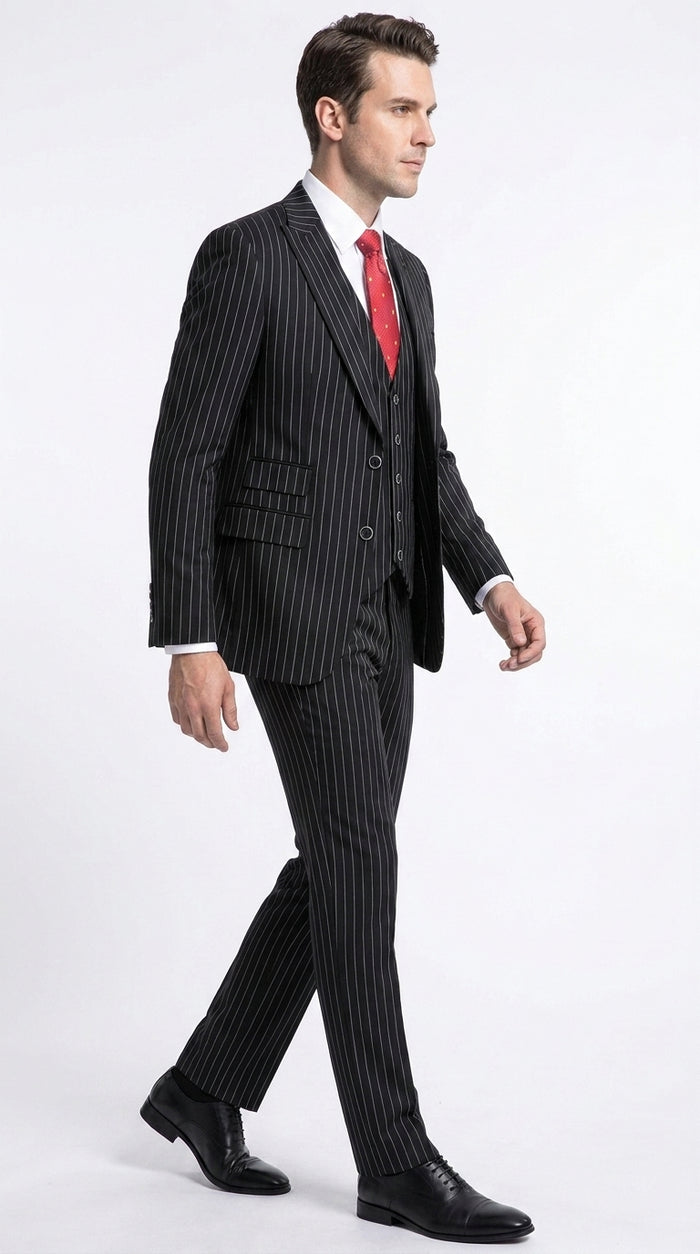 Men’s Black Pinstripe 1920s Gangster Suit with Vest, Formal Vintage Party Dress Suit