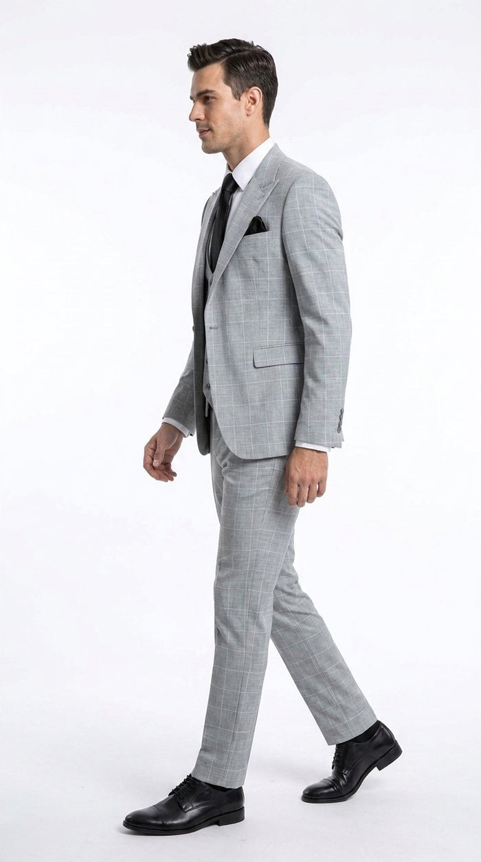 Rossi Man TOM RM1851 Men’s Light Grey Windowpane 3 Piece Suit, Formal Wedding Prom Dress Suit
