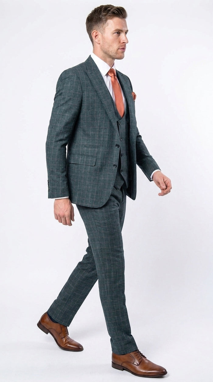 Rossi Man Max RM1788 Men’s Teal Plaid 3 Piece Suit, Slim Fit Formal Wedding Prom Dress Suit