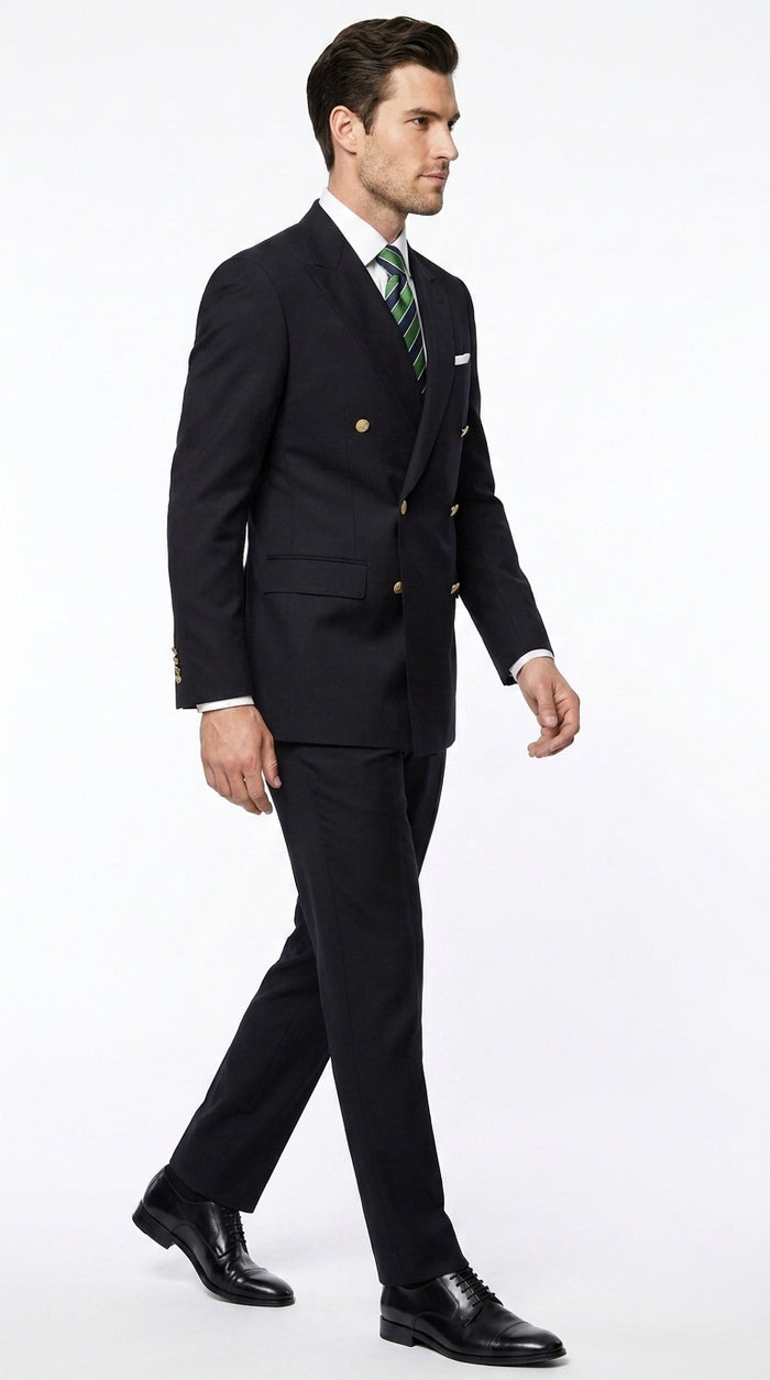 Men’s Solid Black Double Breasted Suit Blazer, Gold Button Formal Business Sport Coat