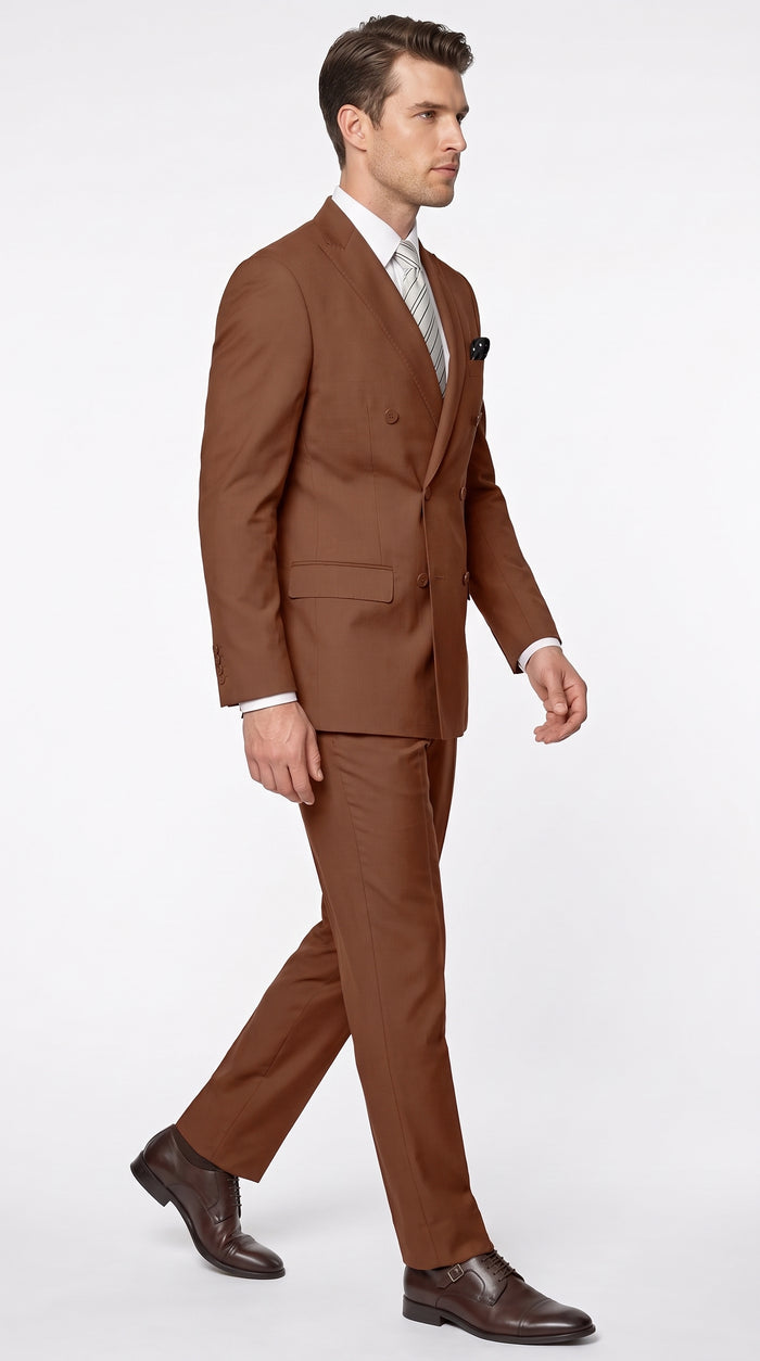 Men’s Copper Double-Breasted Wool Suit – Designer 6-Button Peak Lapel Formal Wedding Suit
