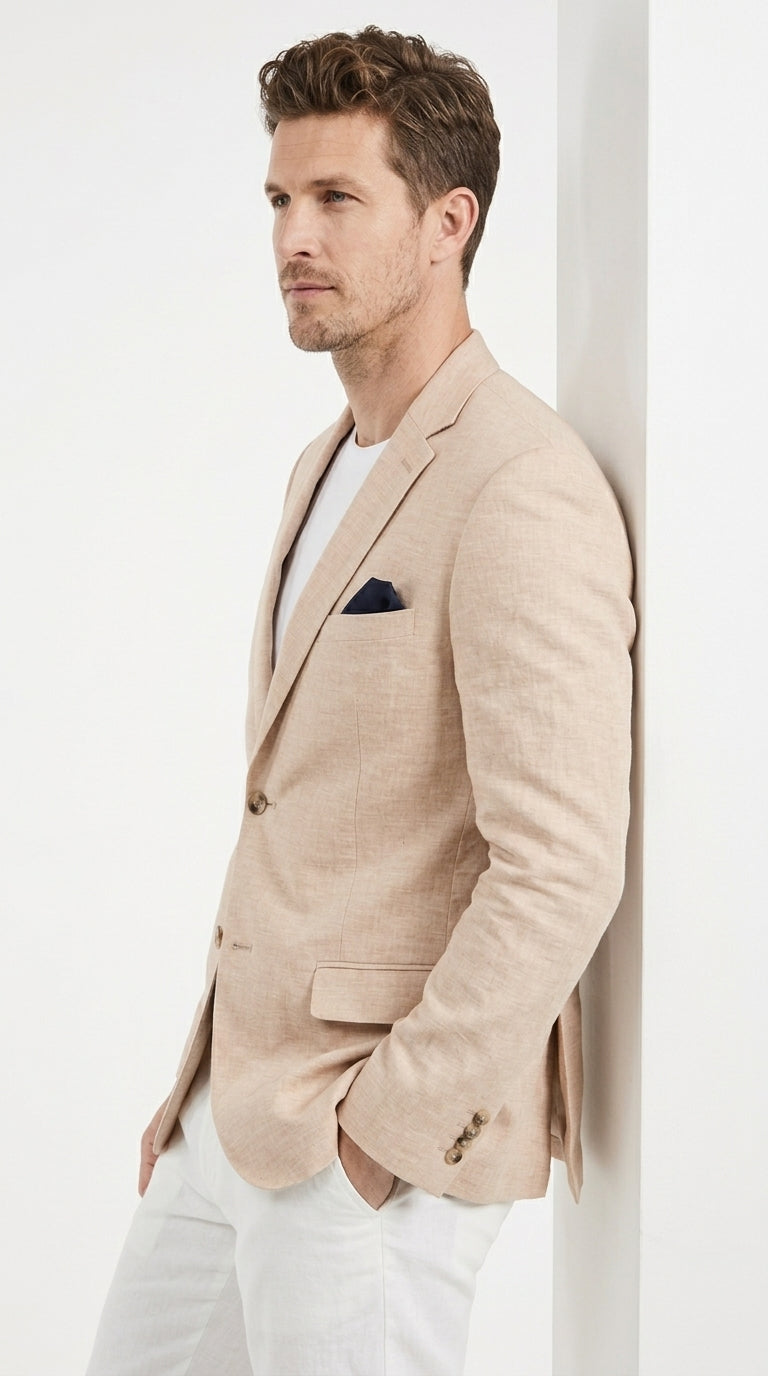 Men’s Beige Linen Blazer, 2 Button Summer Sport Coat for Weddings, Business and Casual Events