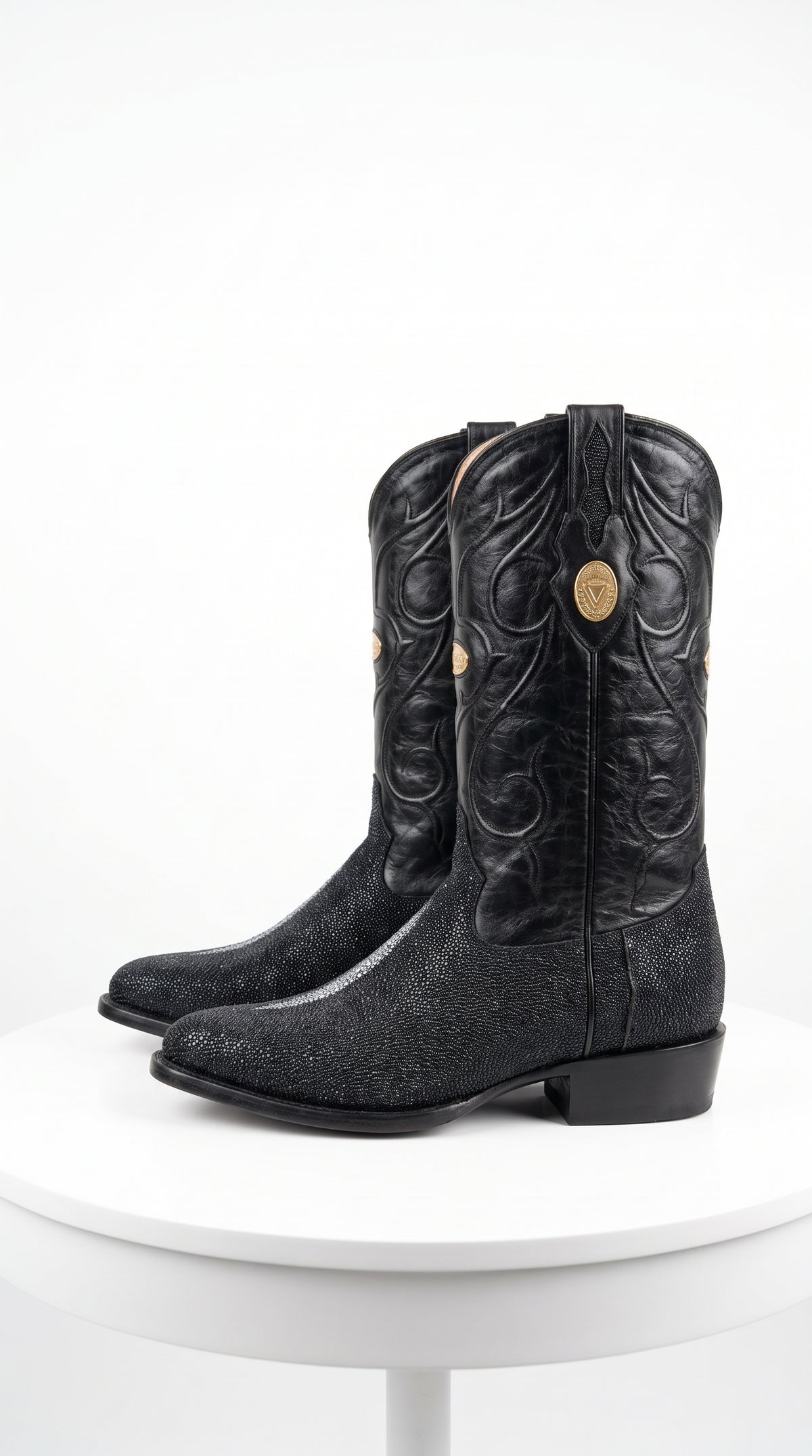 Men’s Black Genuine Stingray Mantarraya Cowboy Boots, Handmade J Toe Exotic Western Dress Boots
