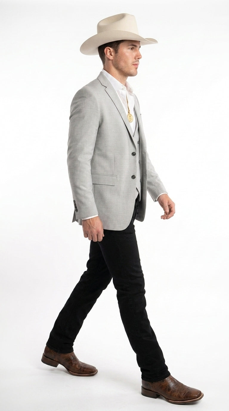Men’s Light Gray Western Suit Blazer with Double-Breasted Vest, Modern Cowboy Formal Outfit