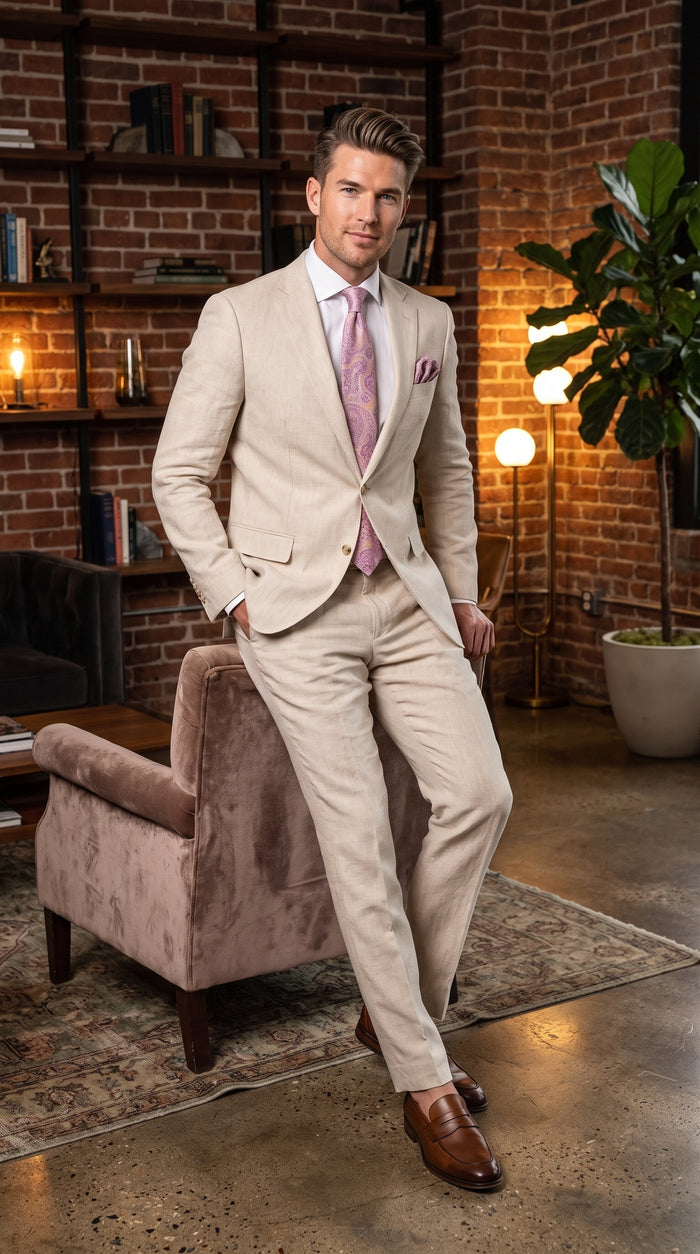 Men’s Natural Linen 2 Piece Suit, Two Button Regular Fit Summer Wedding Dress Suit