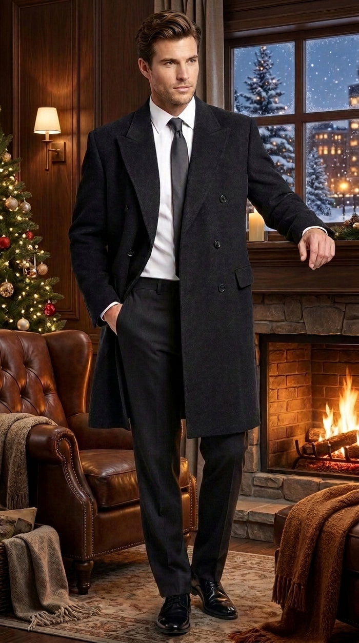 Alberto Nardoni Men’s Black Double Breasted Wool Blend Long Overcoat, Fully Lined Formal Dress Coat