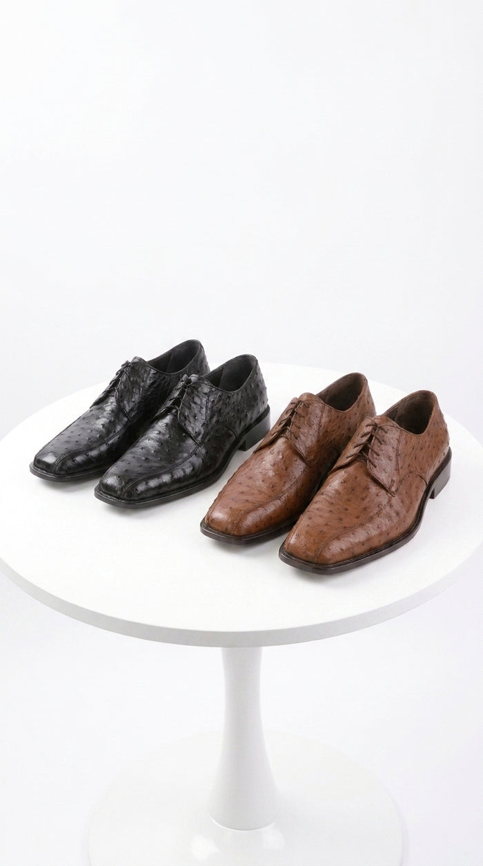 Men’s Exotic Ostrich Oxford Dress Shoes, Black and Brown Lace-Up Ostrich Skin Formal Shoes
