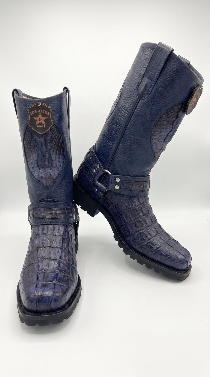 Men’s Los Altos Navy Blue Caiman Tail Skin Biker Boots – Exotic Leather Western Motorcycle Boots