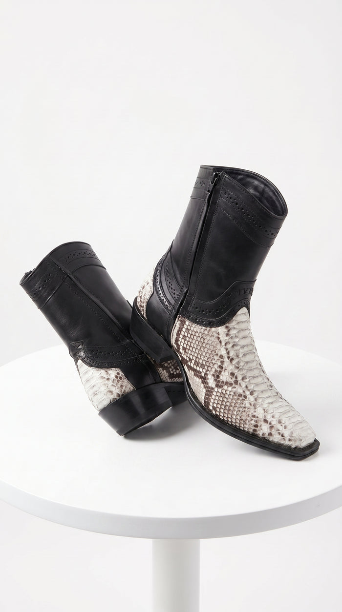 Men’s Natural Python Western Boots with Black Shaft, European Toe Vaquero Dress Boots LAB-76B5749