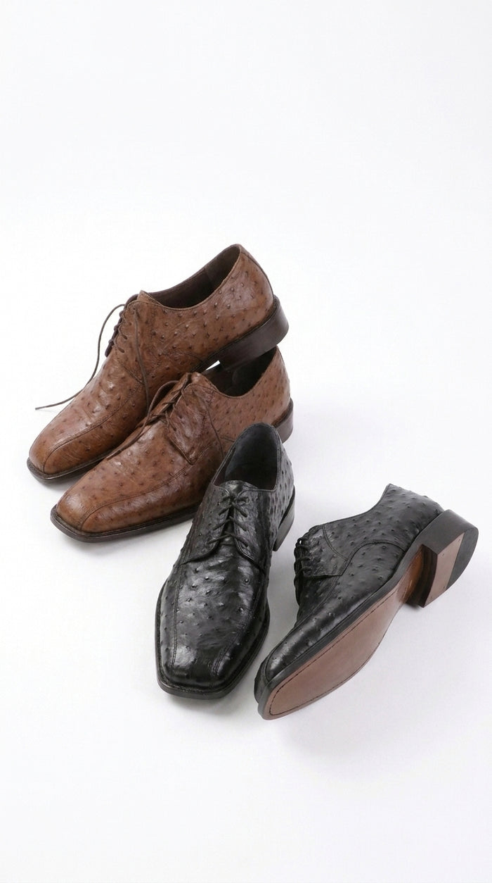 Men’s Exotic Ostrich Oxford Dress Shoes, Black and Brown Lace-Up Ostrich Skin Formal Shoes