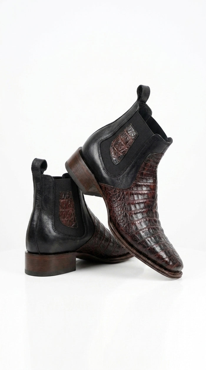 Men’s Black Cherry Short Caiman Boots, Square Toe Exotic Dress Ankle Boots